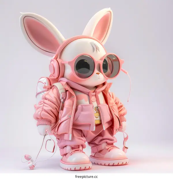 Cute Baby Pink Bunny Rabbit Wearing Headphones and Sunglasses