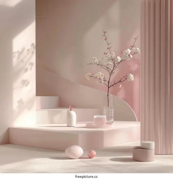 Pink and white podium with pink flowers and cosmetic products