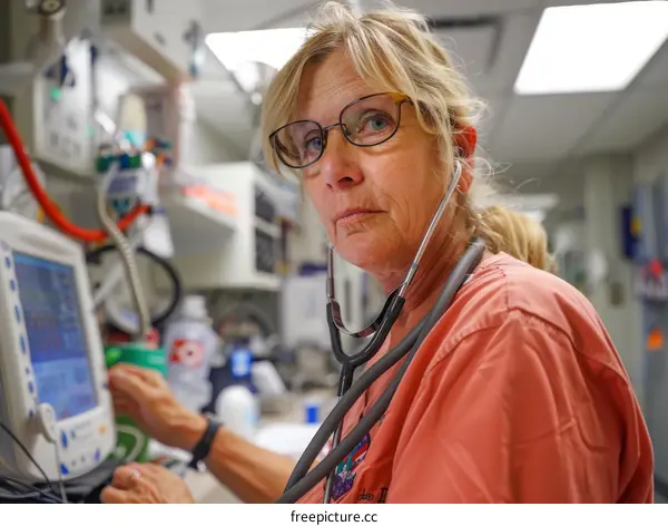 Portrait of a female doctor or nurse wearing glasses and a stethoscope around her neck