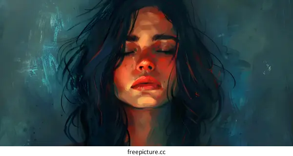 portrait of a young woman with long dark hair and blue eyes