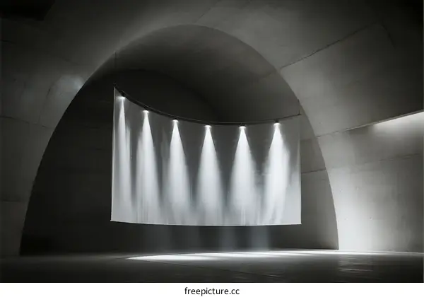 Light Beams Projecting Through Curved White Fabric in Modern Concrete Room