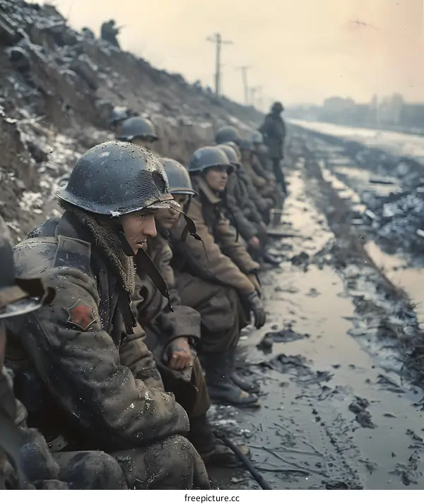 A group of soldiers sit in a muddy trench during the Korean War.