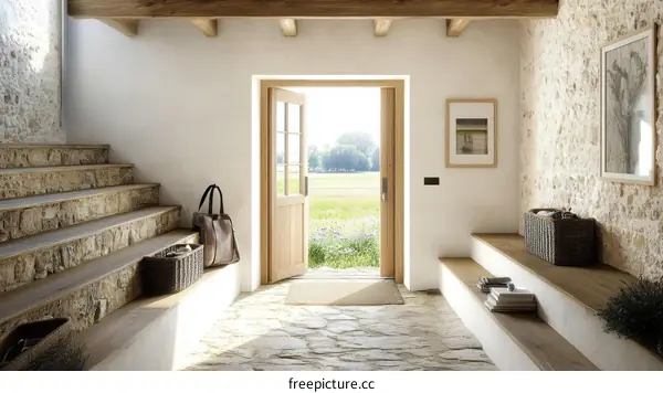 Rustic Wooden Entryway with Stone Steps