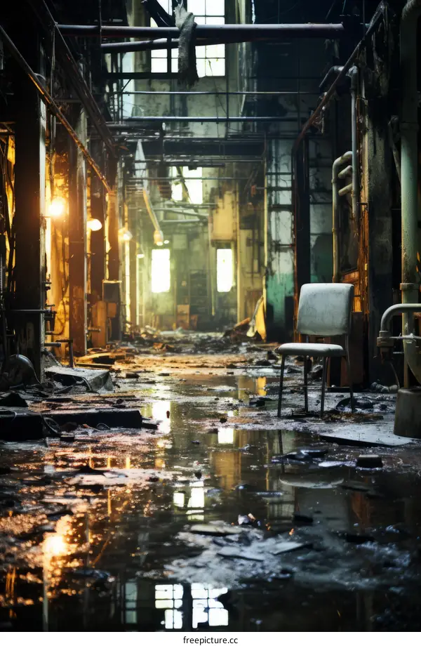 Flooded and abandoned factory building with a single chair