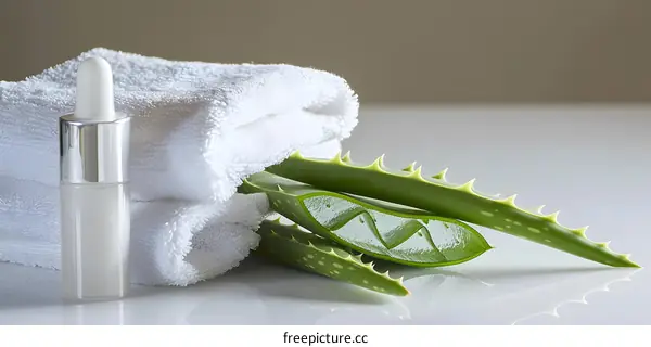 Aloe Vera Leaves With Serum and Towel for Skincare Routine