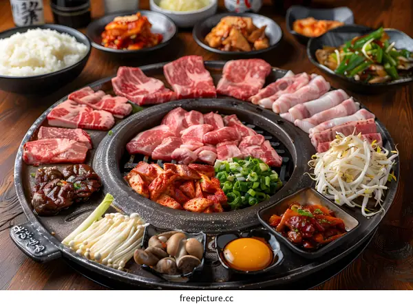 A variety of meats and side dishes are arranged on a large grill.