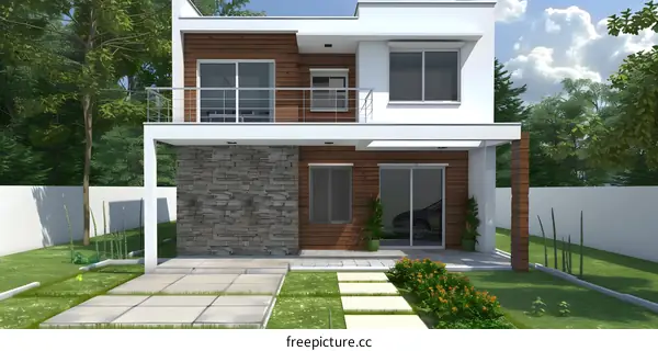 Modern House Design with Stone Wall and Wooden Siding