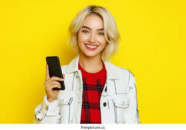 Woman Holding Smartphone Against Yellow Background