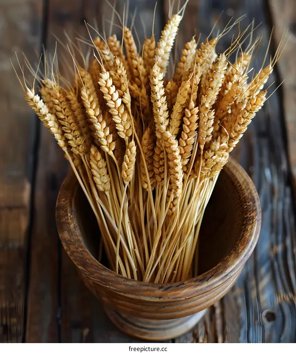 Golden Wheat in a Wooden Bowl