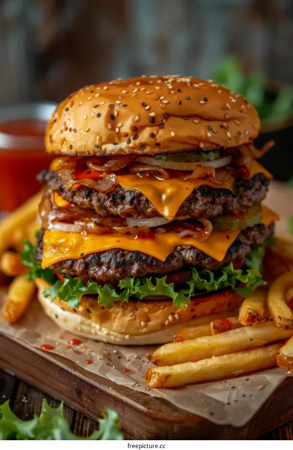 A delicious double cheeseburger with fries
