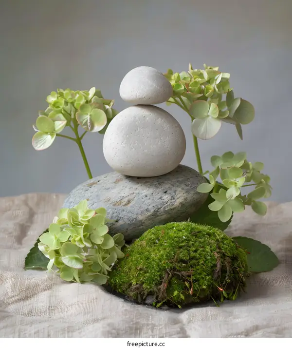 Stacked Stones with Moss and Flowers on a Linen Background