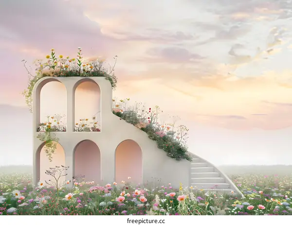 Stone Archway with Flowers in a Field