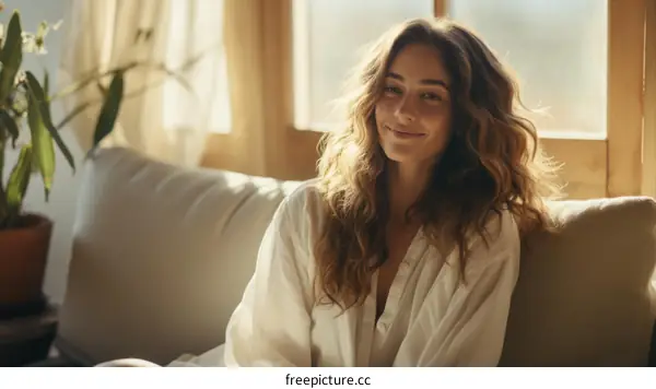 Portrait of a beautiful young woman with long brown hair sitting on a couch and smiling