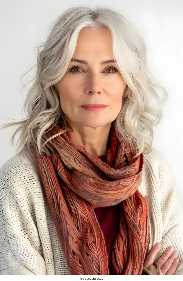 Close Up Portrait of a Woman With Gray Hair Wearing a Scarf