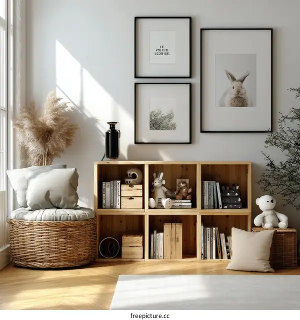 Cozy Nursery Room with Wooden Bookshelves and Artwork