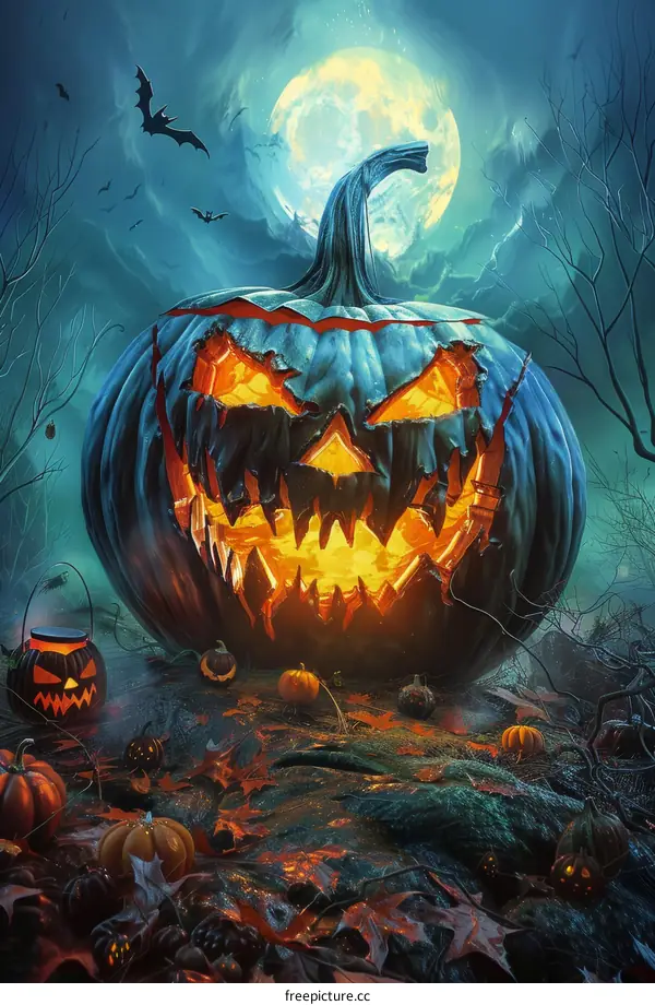 Glowing Jack-o'-Lantern in a Dark and Spooky Forest