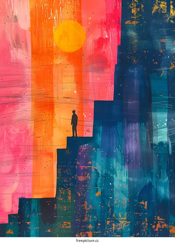 Silhouette of Man Standing on a Staircase with Watercolor Background