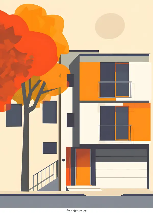 Modern House with Orange Doors and Autumn Tree
