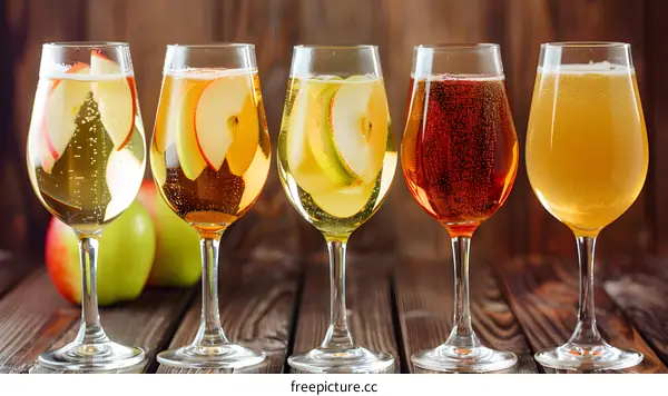 Five Glasses of Sparkling Apple Cider on Rustic Wooden Table