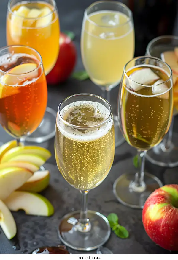 Sparkling Apple Cider in Glasses with Apple Slices