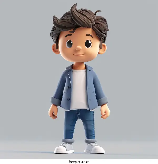 A 3D rendering of a young boy with brown hair and blue eyes