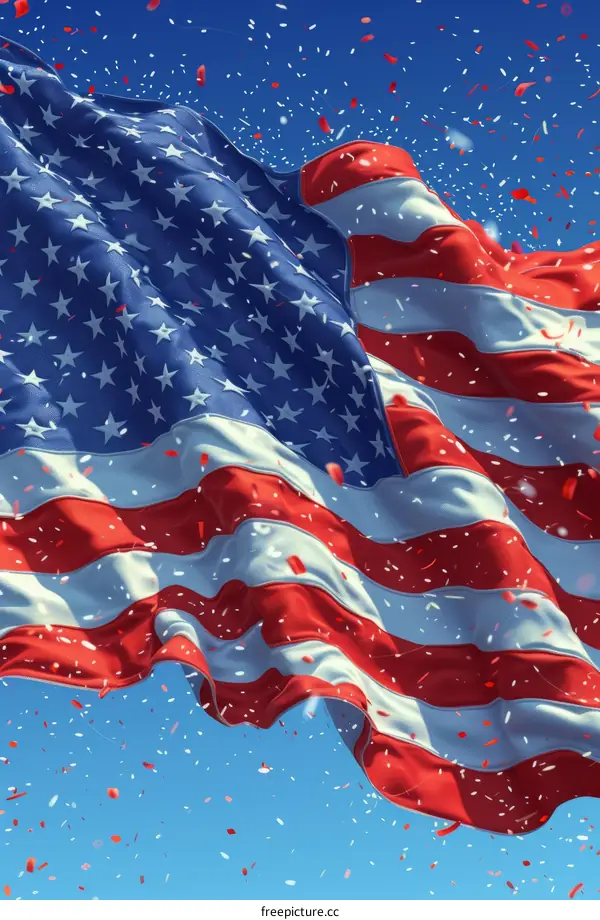 American flag waving in the wind with red confetti falling from above