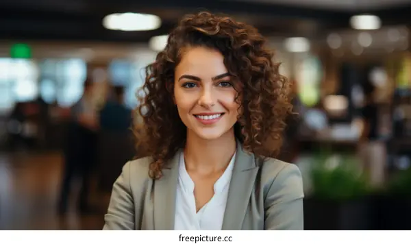 Headshot of a young woman with curly hair smiling at the camera