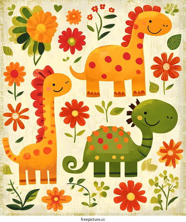 Cute Dinosaurs with Flowers Illustration