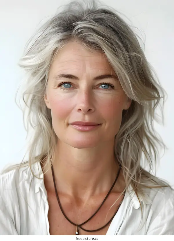 portrait of a beautiful woman with white hair and blue eyes