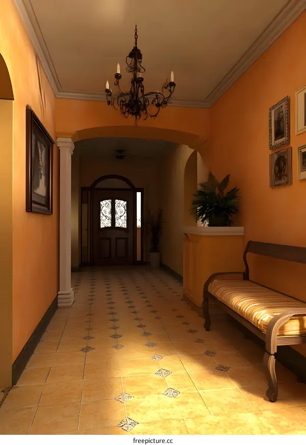 Elegant  Entryway with Ornate Chandelier and Tile Floor