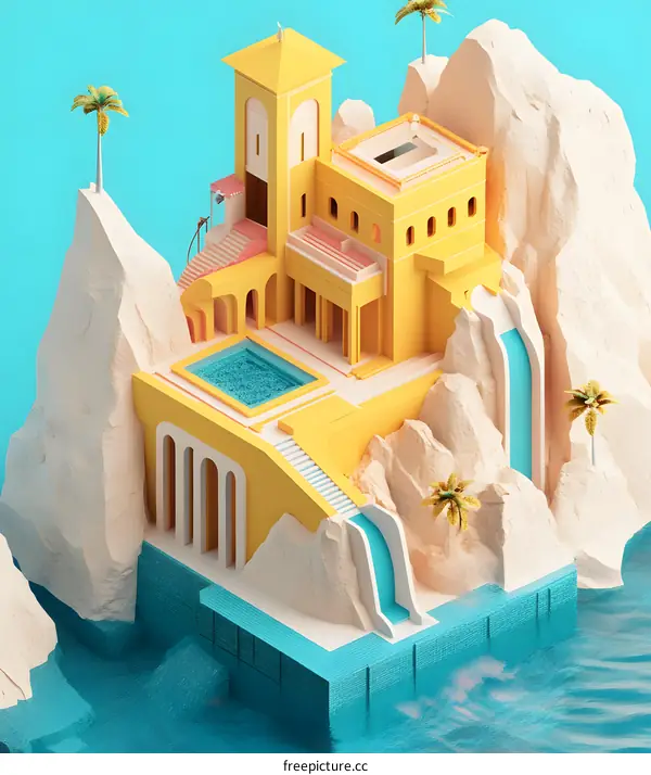 3D Rendered Illustration Of A Yellow Building With A Pool On A Rock In The Sea