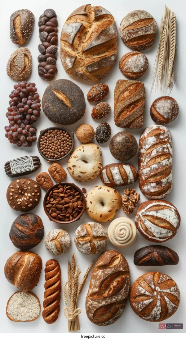 Freshly baked bread items on a white background