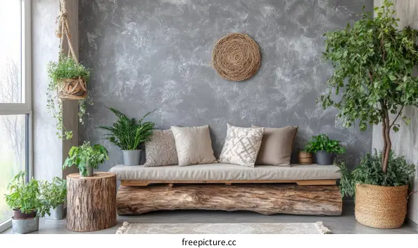 Rustic Modern Living Room with Plants and Furniture
