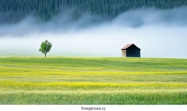Misty Morning in a Peaceful Field with a Small Cabin