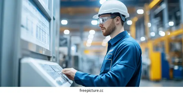 Factory Worker Operating Industrial Control Panel