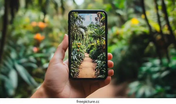 Hand Holding Phone with Tropical Garden Path Image