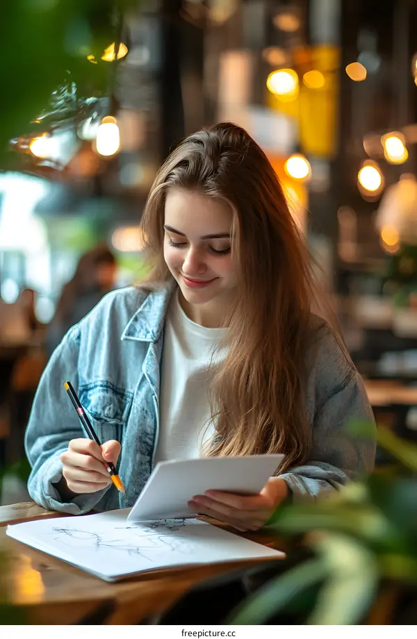 Young Woman Artist Drawing in Cafe