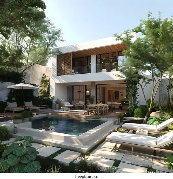 A modern house with a pool and a garden