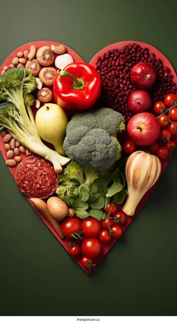 A variety of healthy food arranged in the shape of a heart