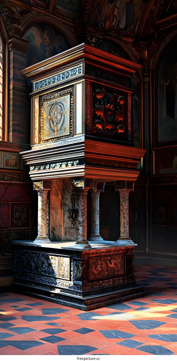 Ornate Wooden Pulpit with Intricate Carvings in a Church Interior