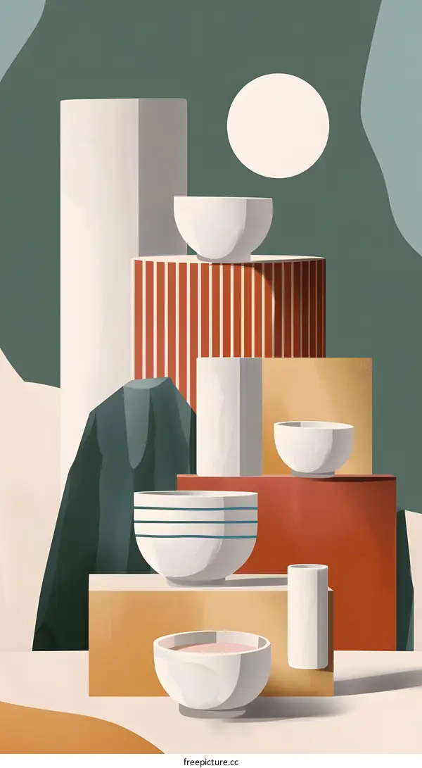 Abstract Minimalist Illustration With Geometric Shapes and Bowls