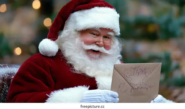 Santa Claus Reading a Letter Cheerful Christmas