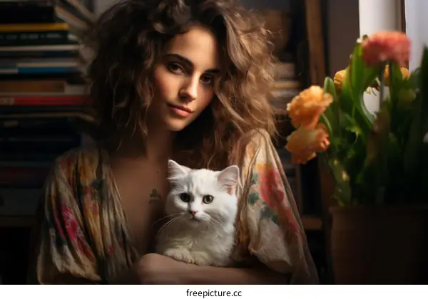 Portrait of a young woman with a white cat