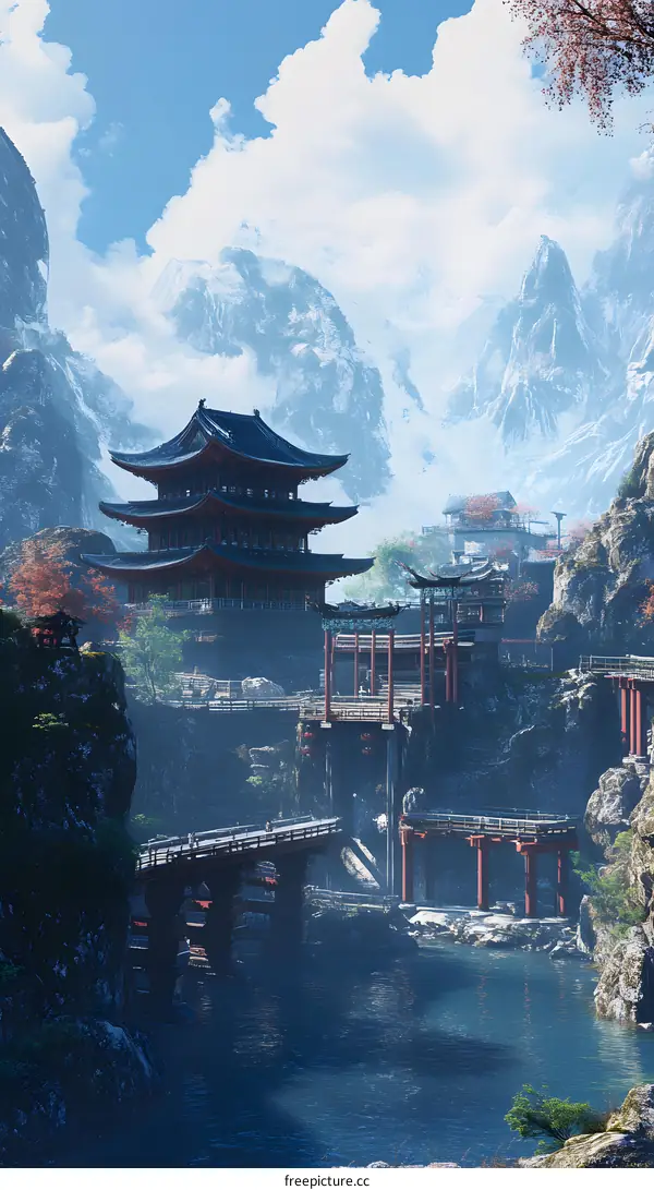 Ancient Chinese Temple in Mountains Landscape Illustration
