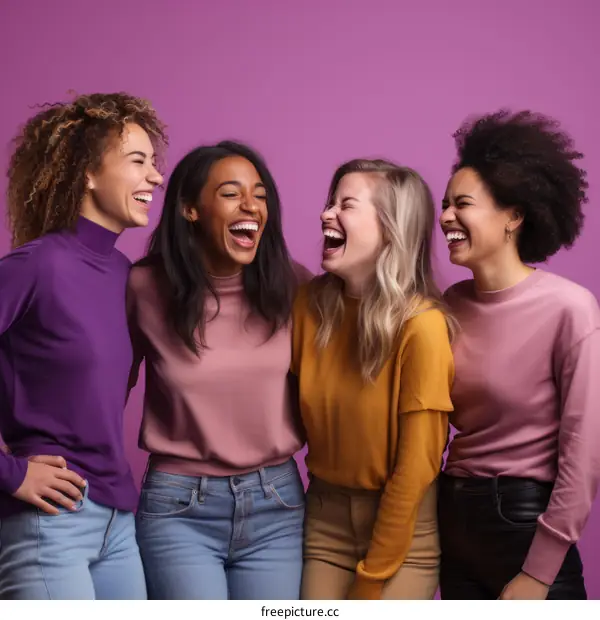 Four diverse women laughing together in front of a purple background
