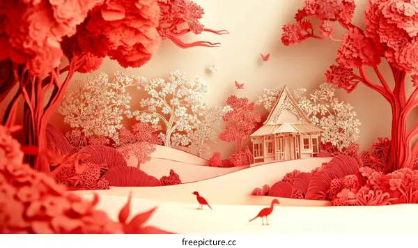 Paper Cut Forest Scene with Cozy Cottage