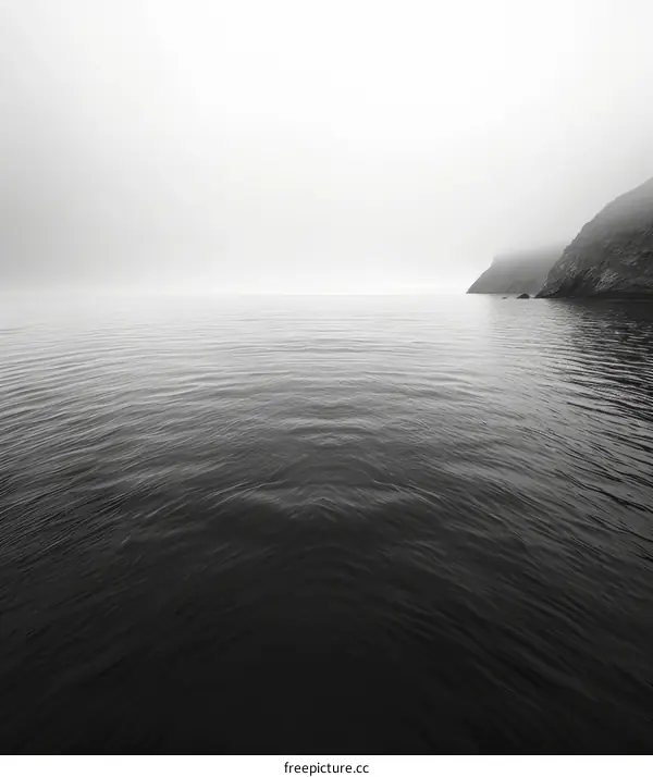 Black and white photo of a calm sea with a foggy sky and a rocky coastline in the distance