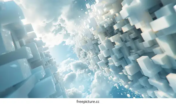 White rectangular blocks floating in a blue sky