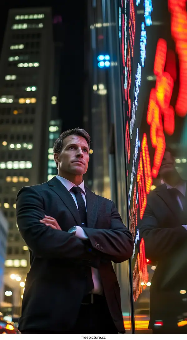 Businessman Observing Financial Market at Night
