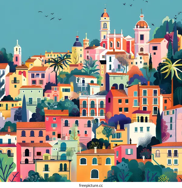 Colorful Illustration of a European Town with Buildings and Trees